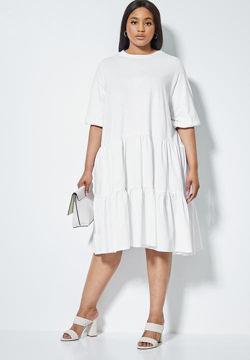 Superbalist - Combo fabric tiered dress - white