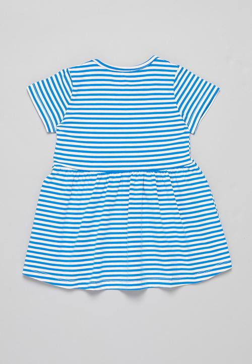 Pop Candy - Girls stripe rainbow dress - blue & white