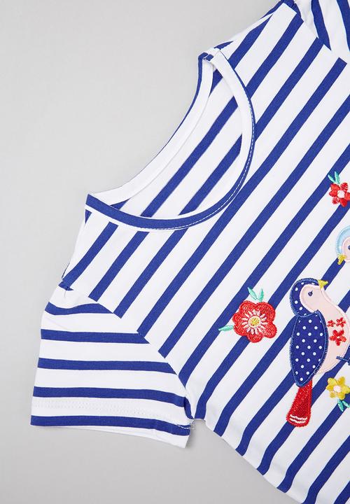 Pop Candy - Girls tripe birdy tee - blue & white