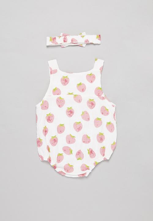 Pop Candy - Girls strawberry playsuit & headband set - white & pink 