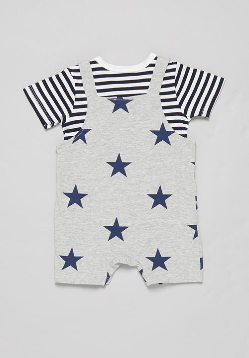 Pop Candy - Boys dungaree & tee set - navy & grey 