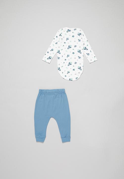 Pop Candy - Boys printed bodysuit & pants set - white & blue