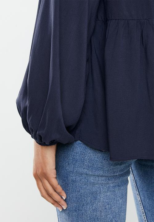 edit - Mandarin collar longline blouse  - navy