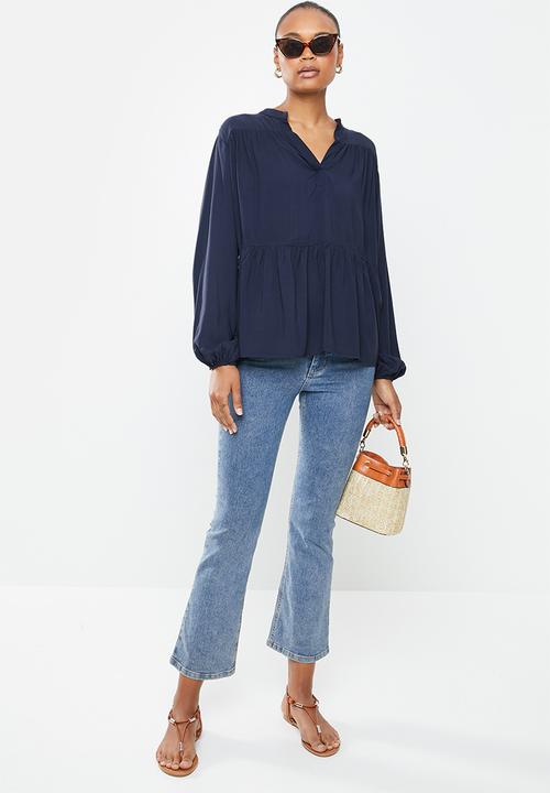 edit - Mandarin collar longline blouse  - navy