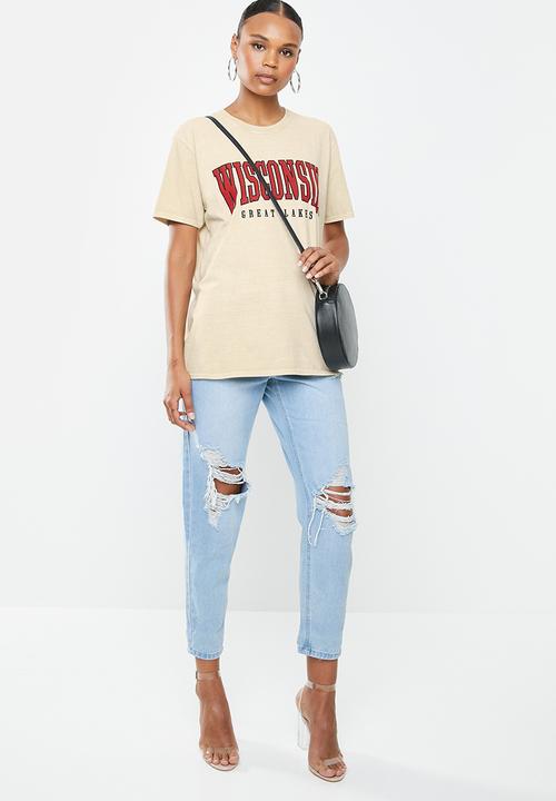 Missguided - Wisconsin graphic short sleeve oversized T-shirt - beige