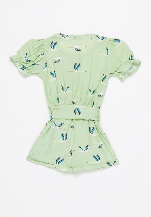 Sticky Fudge - Girls storks frill playsuit - aqua