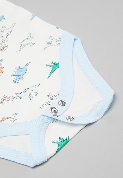 Pop Candy - Boys 3 pack dino bodysuits - blue & white