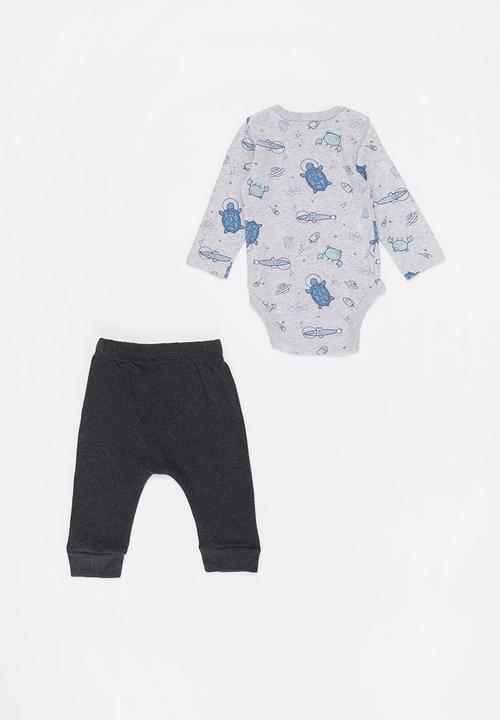 Pop Candy - Boys printed bodysuit & pants set -  grey & navy