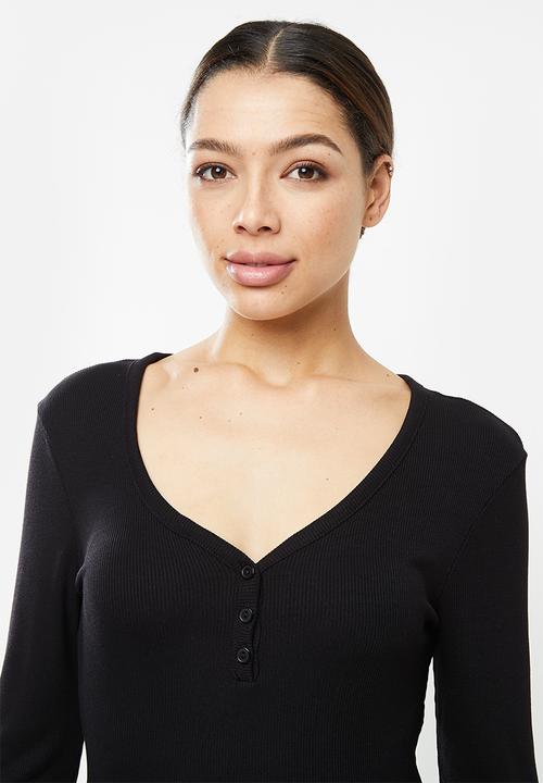 Missguided - Rib button up long sleeve legging lounge set - black