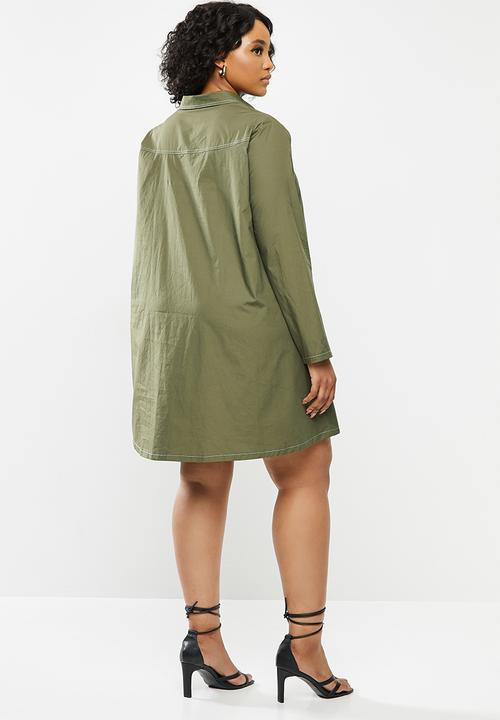Missguided - Plus contrast stitch shirt dress - khaki