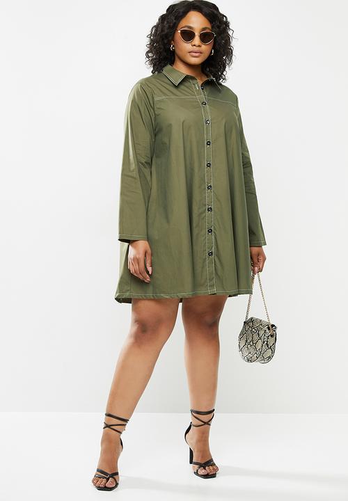 Missguided - Plus contrast stitch shirt dress - khaki