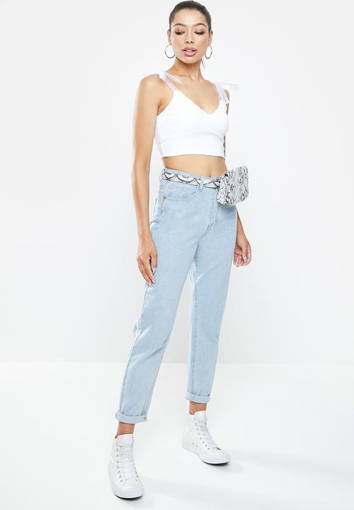 Blake - Ribbed combo crop top with organza sleeve ties - white