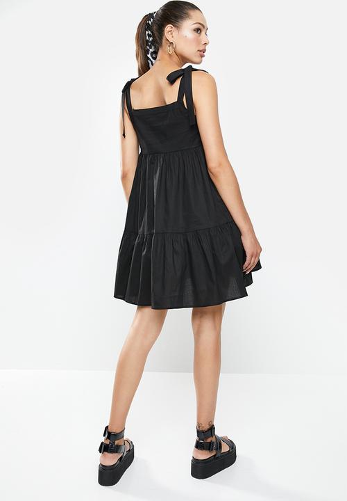 Blake - Tie sleeve poplin tiered mini dress - black