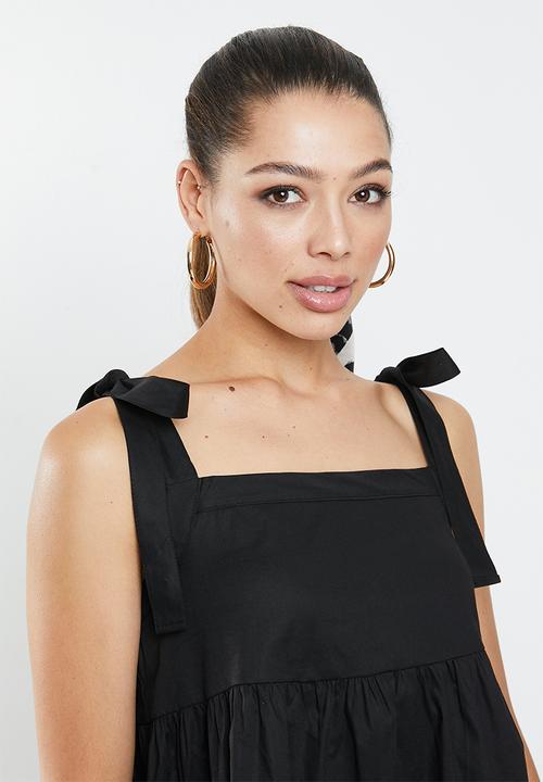 Blake - Tie sleeve poplin tiered mini dress - black