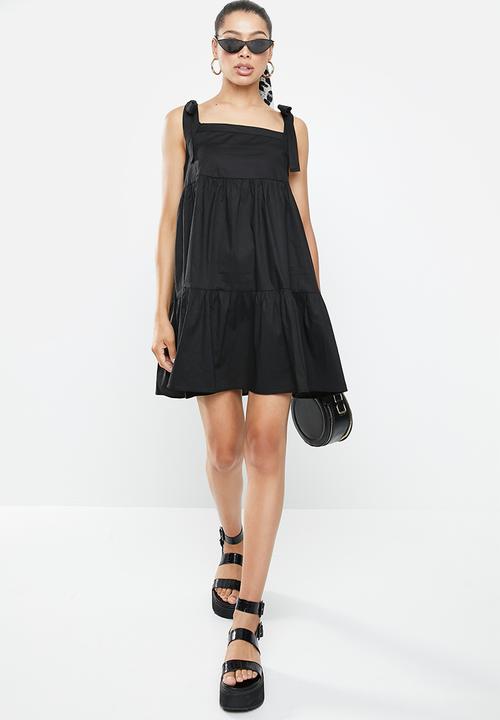 Blake - Tie sleeve poplin tiered mini dress - black