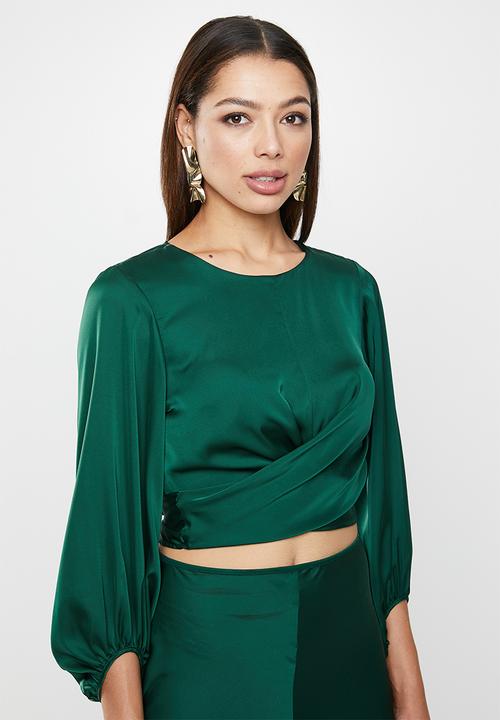 VELVET - Wrap front blouse with balloon sleeve - bottle green