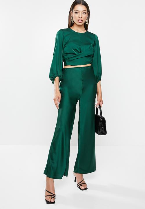 VELVET - Wrap front blouse with balloon sleeve - bottle green