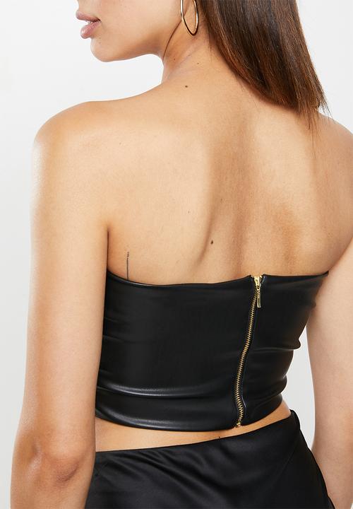 VELVET - Pu wrap tuck cropped bandeau - black