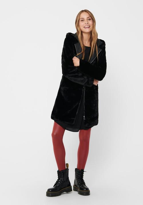 Jacqueline de Yong - Long faux fur hood jacket - black