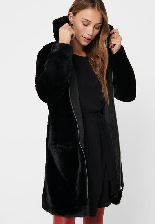 Jacqueline de Yong - Long faux fur hood jacket - black