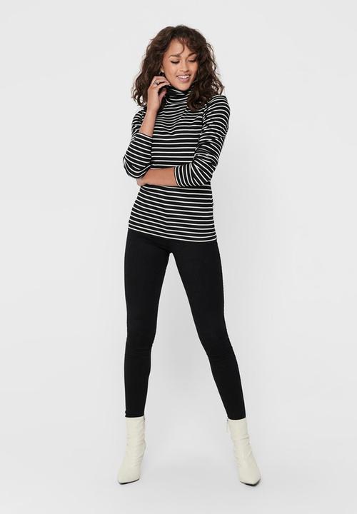 Jacqueline de Yong - Camini long sleeve roll neck top - black & white 