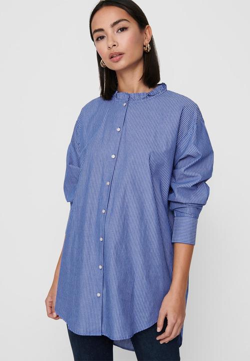 Jacqueline de Yong - Bubble life long sleeve frill long shirt wvn - blue
