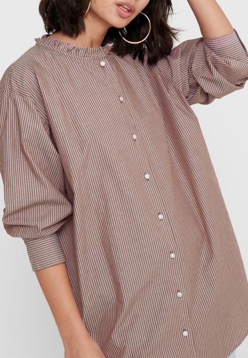 Jacqueline de Yong - Bubble life long sleeve frill long shirt wvn - brown