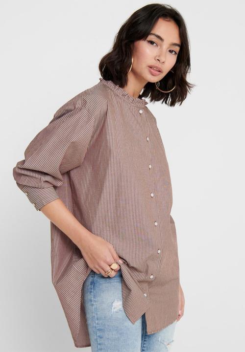 Jacqueline de Yong - Bubble life long sleeve frill long shirt wvn - brown