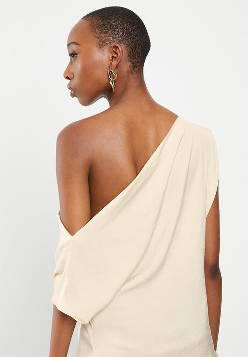 VELVET - Satin draped shoulder asymmetric blouse - neutral 