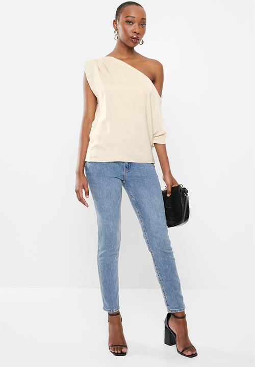 VELVET - Satin draped shoulder asymmetric blouse - neutral 