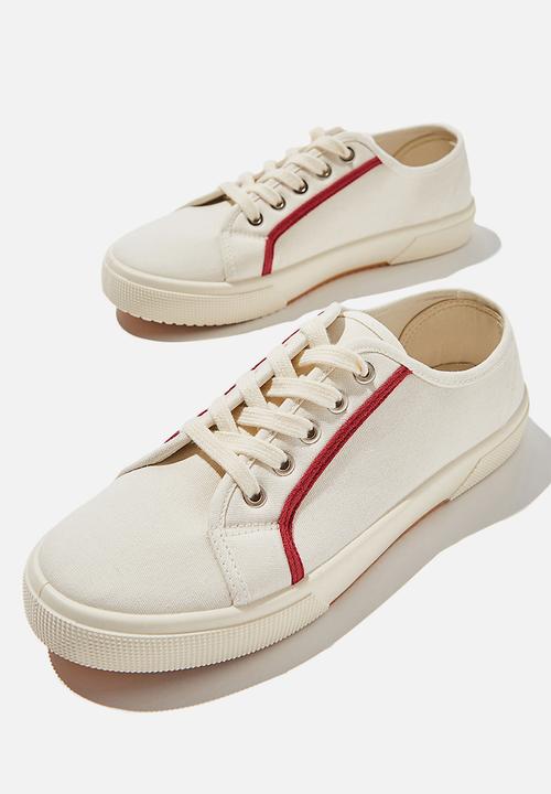 Cotton On - Lisa lace up plimsoll - ecru red contrast stripe