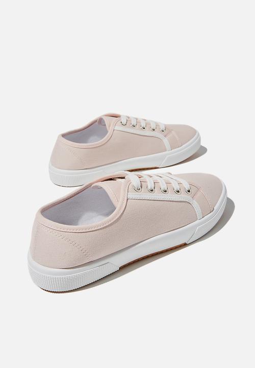 Cotton On - Lisa lace up plimsoll - baby pink white contrast stripe