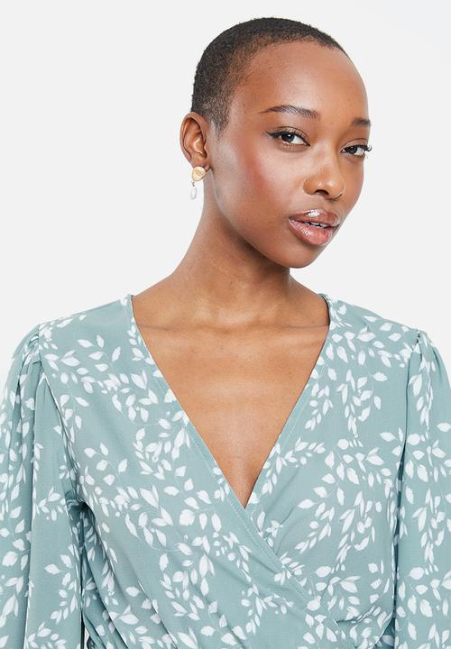 edit - Balloon sleeve wrap  blouse - teal 