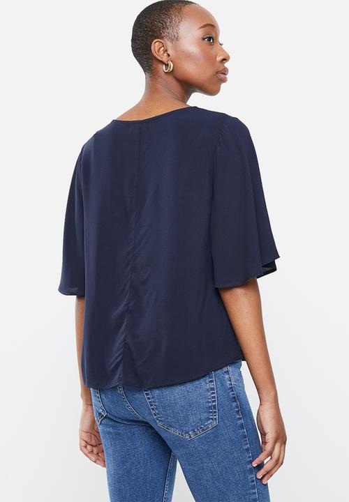 edit - Wide sleeve front keyhole blouse - navy