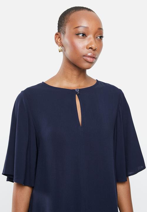 edit - Wide sleeve front keyhole blouse - navy