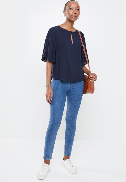 edit - Wide sleeve front keyhole blouse - navy