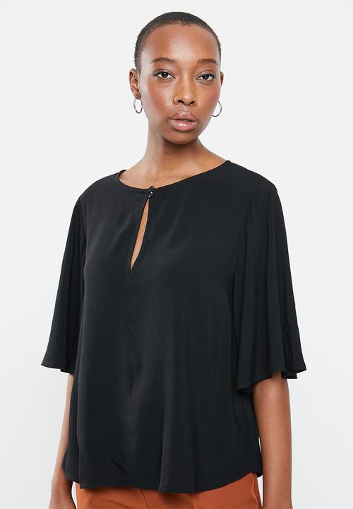 edit - Wide sleeve front keyhole blouse - black