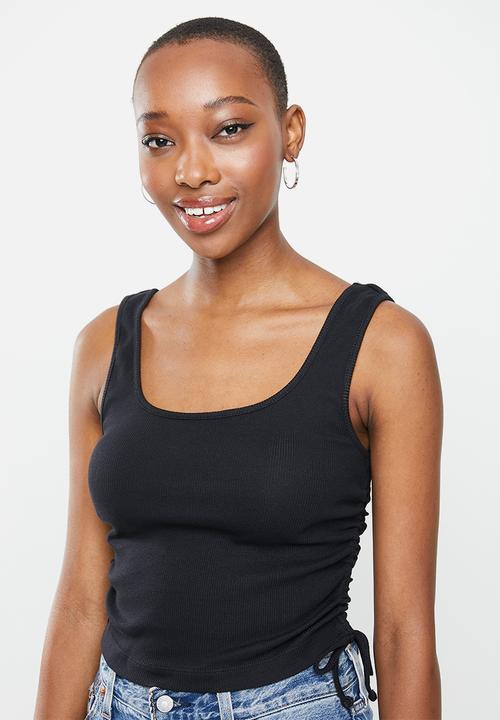 Blake - Ribbed ruched tank top with ties - black