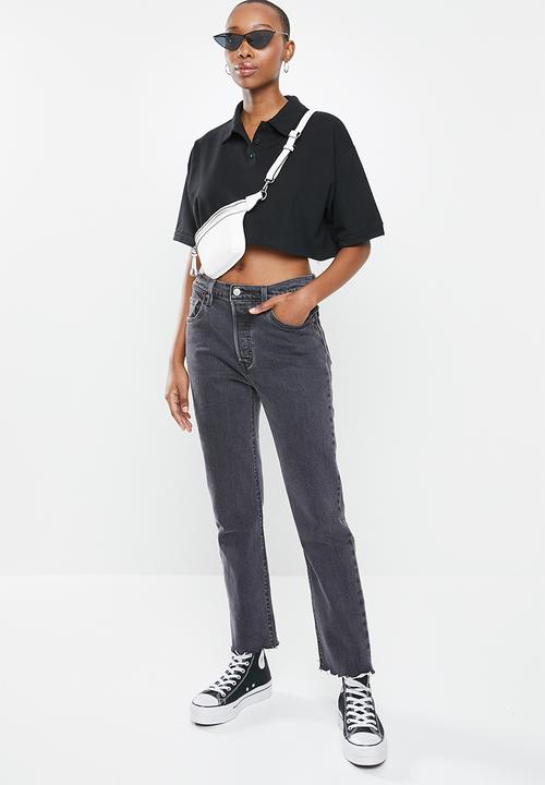 Factorie - Short sleeve crop polo top - black