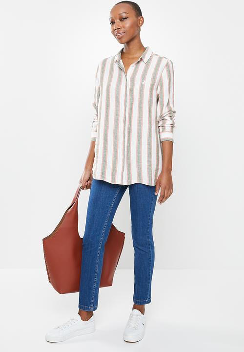 POLO - Sicily stripe linen concealed basic long sleeve shirt - multi 
