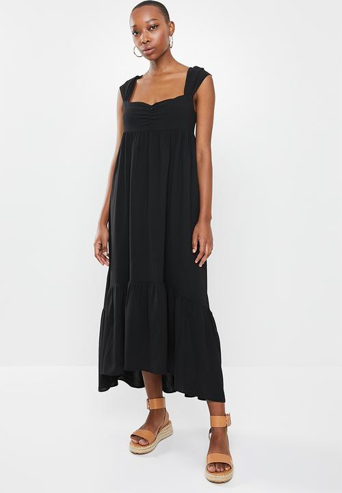VELVET - Relaxed square neck tiered maxi dress - black