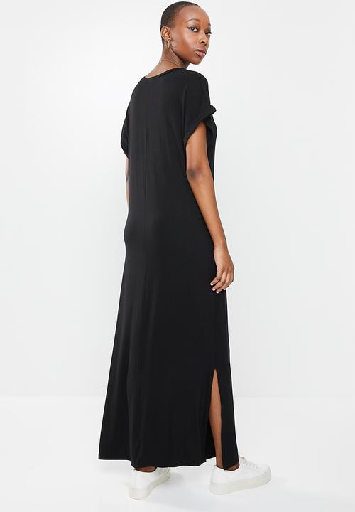 edit - Knit grown on sleeve slit maxi - black