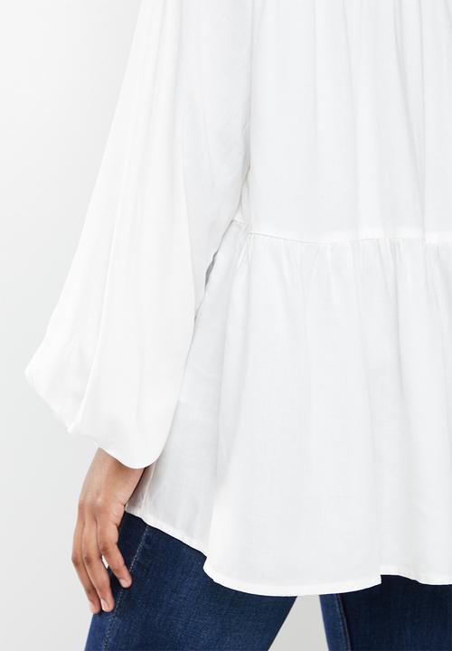 edit - Mandarin collar longline blouse - milk