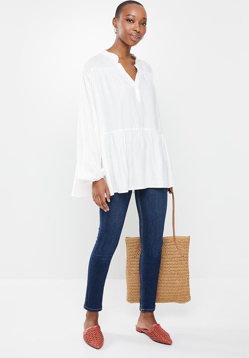edit - Mandarin collar longline blouse - milk
