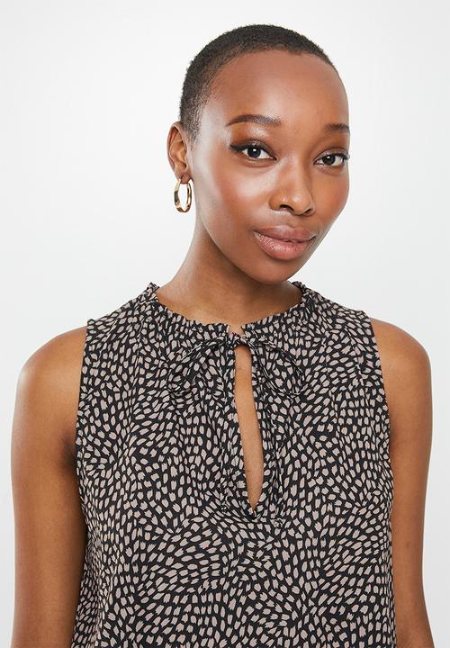 edit - Mandarin tie sleeveless shell - black  & brown 