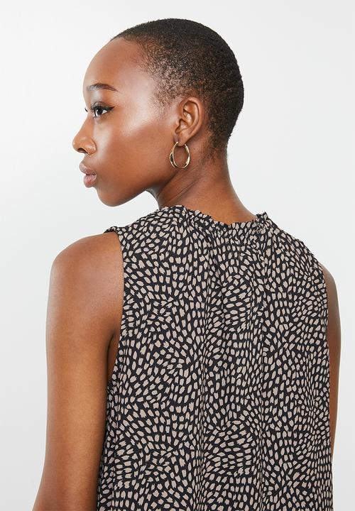 edit - Mandarin tie sleeveless shell - black  & brown 