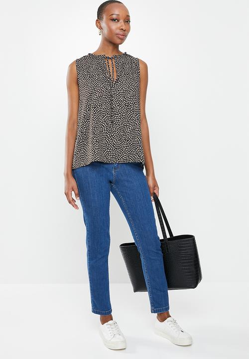 edit - Mandarin tie sleeveless shell - black  & brown 