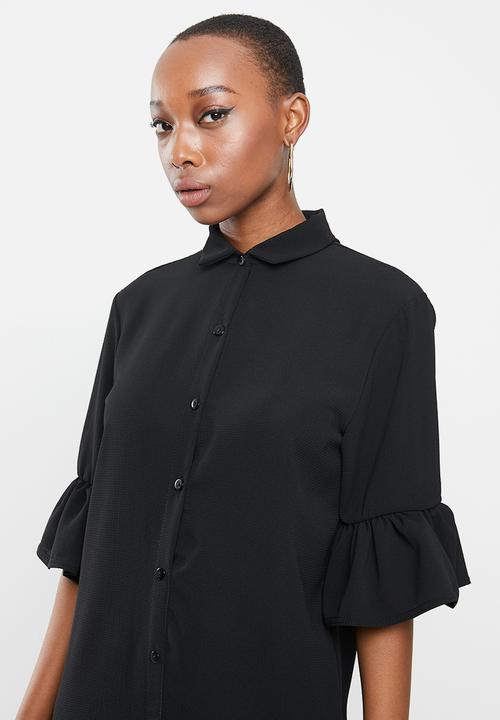Missguided - Frill cuff shirt dress short sleeve - black
