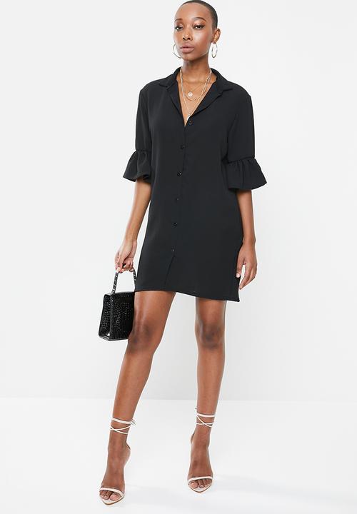 Missguided - Frill cuff shirt dress short sleeve - black