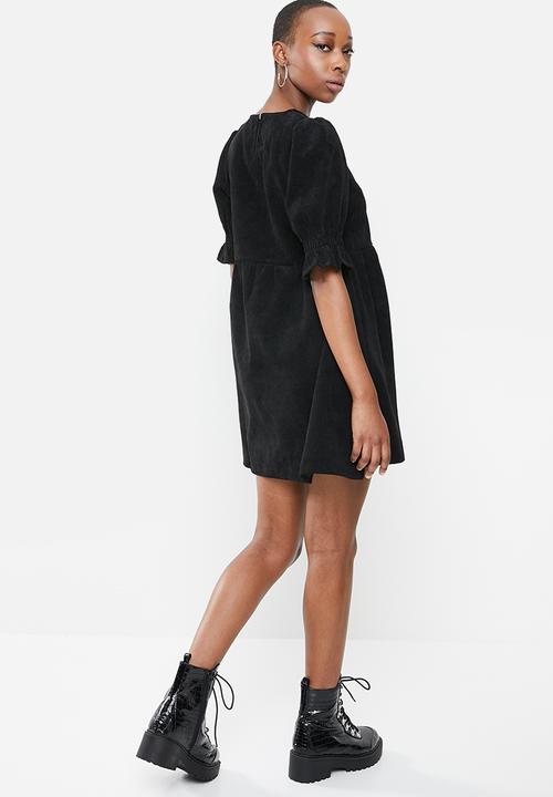 Missguided - Oversized cord smock dress frill sleeve - black